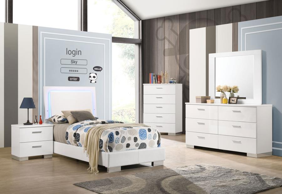 Felicity Wood Twin LED Panel Bed White High Gloss-10