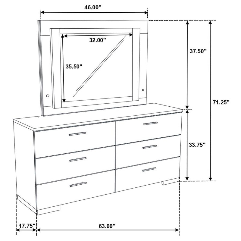 Felicity 6-drawer Dresser with LED Mirror White High Gloss-zoom-