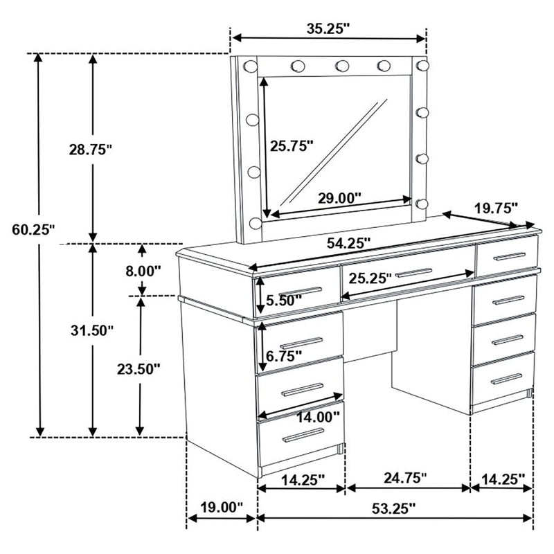 Felicity 9-drawer Vanity Table Lighted Mirror Glossy White-zoom-