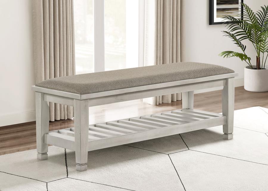 Franco Fabric Upholstered Bench with Shelf Distressed White-2