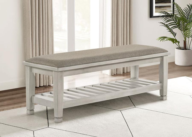 Franco Fabric Upholstered Bench with Shelf Distressed White-zoom-