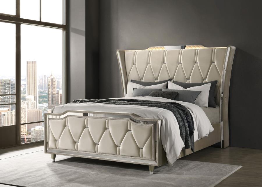 Lorient Queen LED Upholstered Wingback Bed Ivory and Camel-2