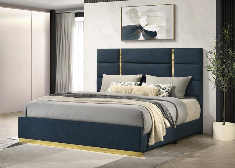 Ines 56-inch Fabric Upholstered Eastern King Panel Bed Navy-zoom-
