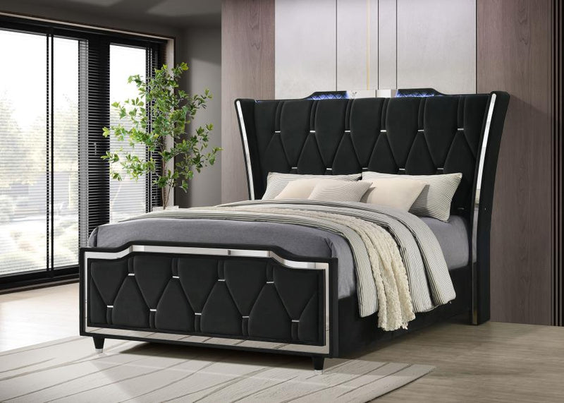 Lorient Queen LED Upholstered Wingback Bed Black-zoom-