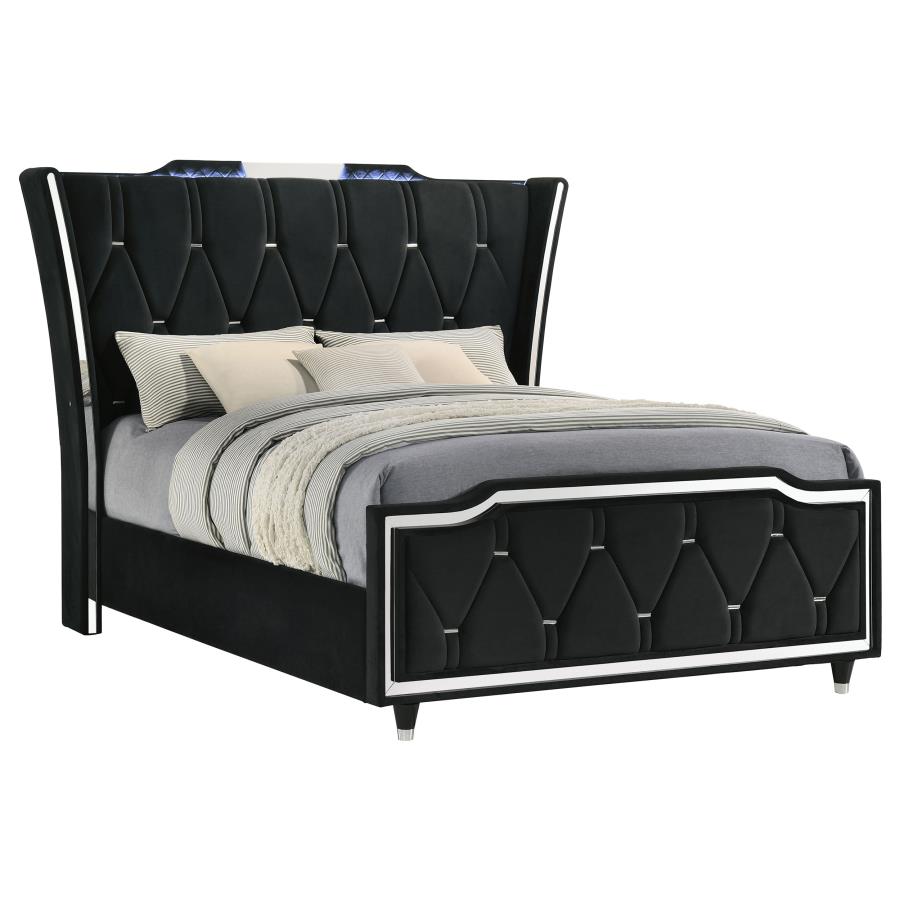 Lorient Queen LED Upholstered Wingback Bed Black-3