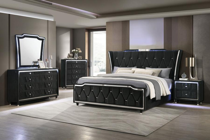 Lorient Queen LED Upholstered Wingback Bed Black-zoom-