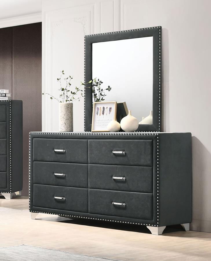 Melody 6-drawer Upholstered Dresser with Mirror Grey-2