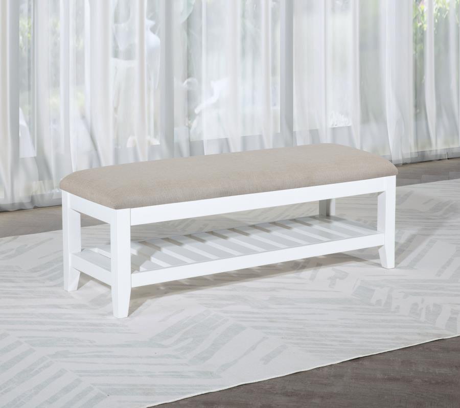 Bexhill Upholstered Rectangular Bench with Shelf White-2