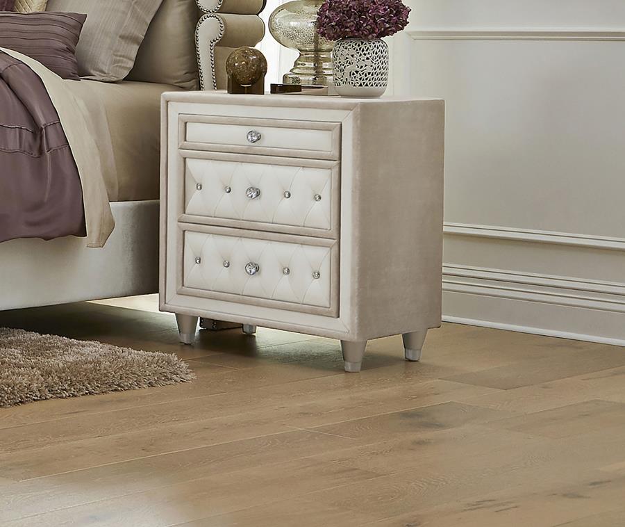 Antonella Upholstered 3-drawer Nightstand Ivory and Camel-zoom-2