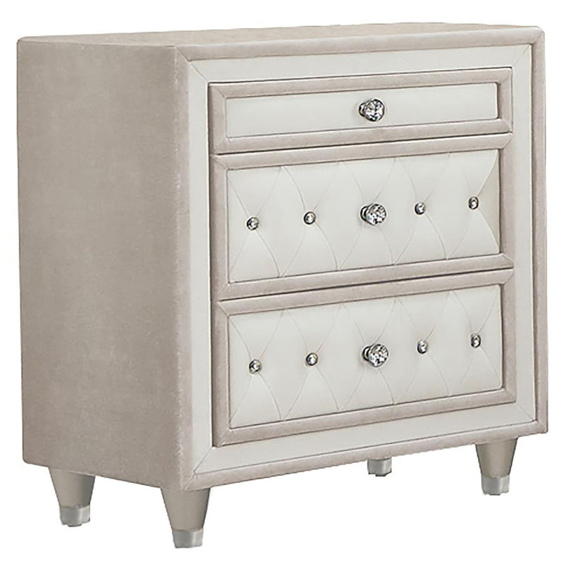 Antonella Upholstered 3-drawer Nightstand Ivory and Camel-zoom-