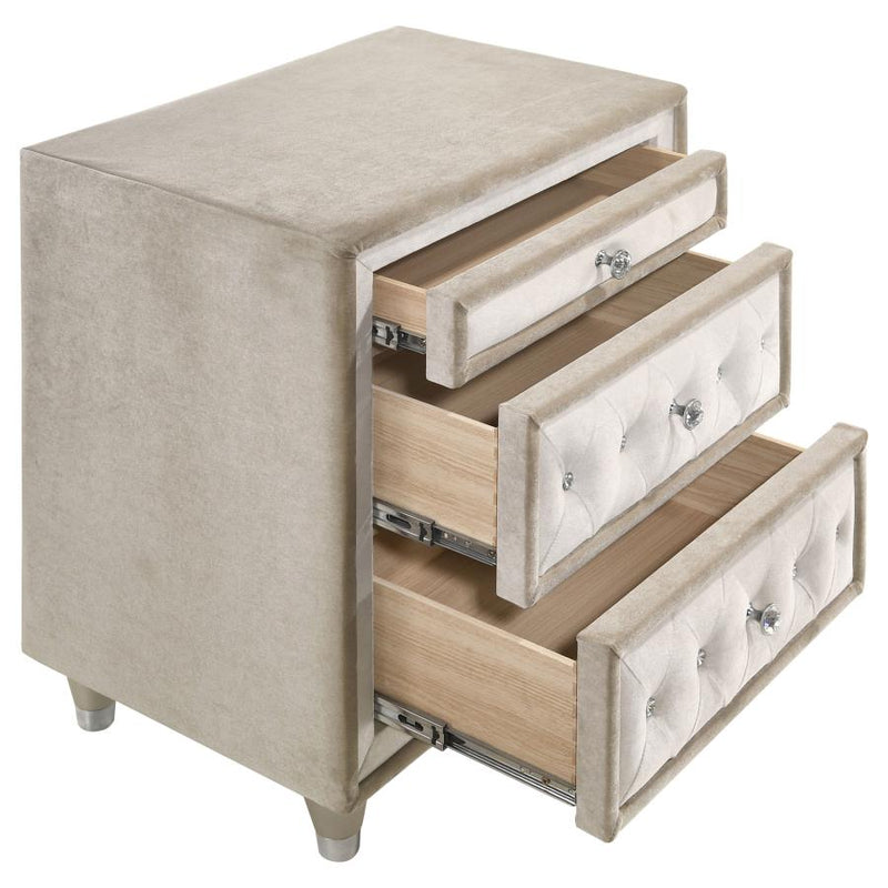 Antonella Upholstered 3-drawer Nightstand Ivory and Camel-zoom-