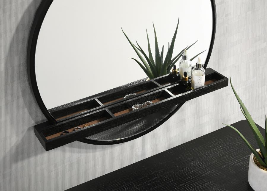 Arini Round Vanity Wall Mirror with Shelf Black-4
