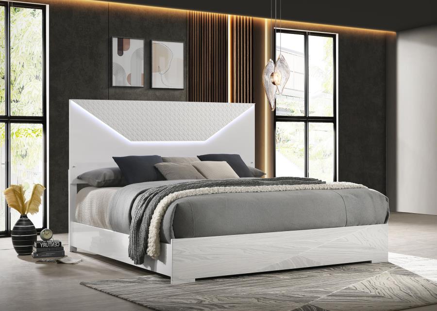 Ives Queen Panel Bed LED Headboard White High Gloss-2