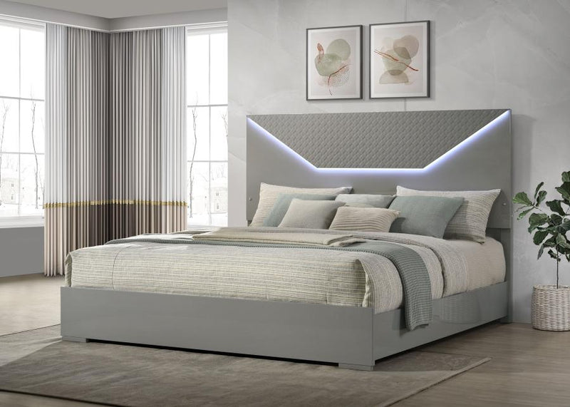 Ives Eastern King Panel Bed LED Headboard Grey High Gloss-zoom-