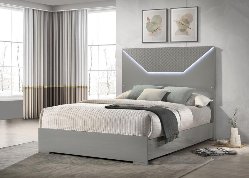 Ives Queen Panel Bed LED Headboard Grey High Gloss-zoom-