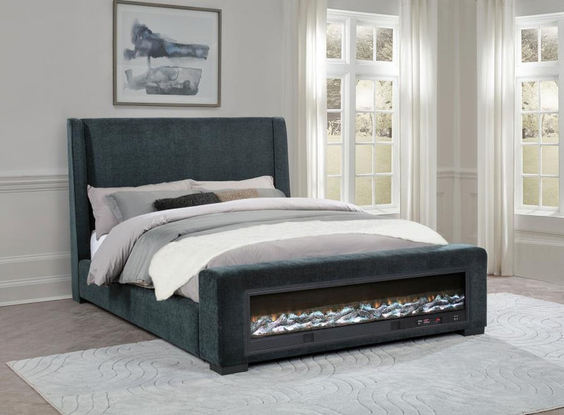 Preston Upholstered Eastern King Audio Flame Visualizer Bed Dark Blue-zoom-