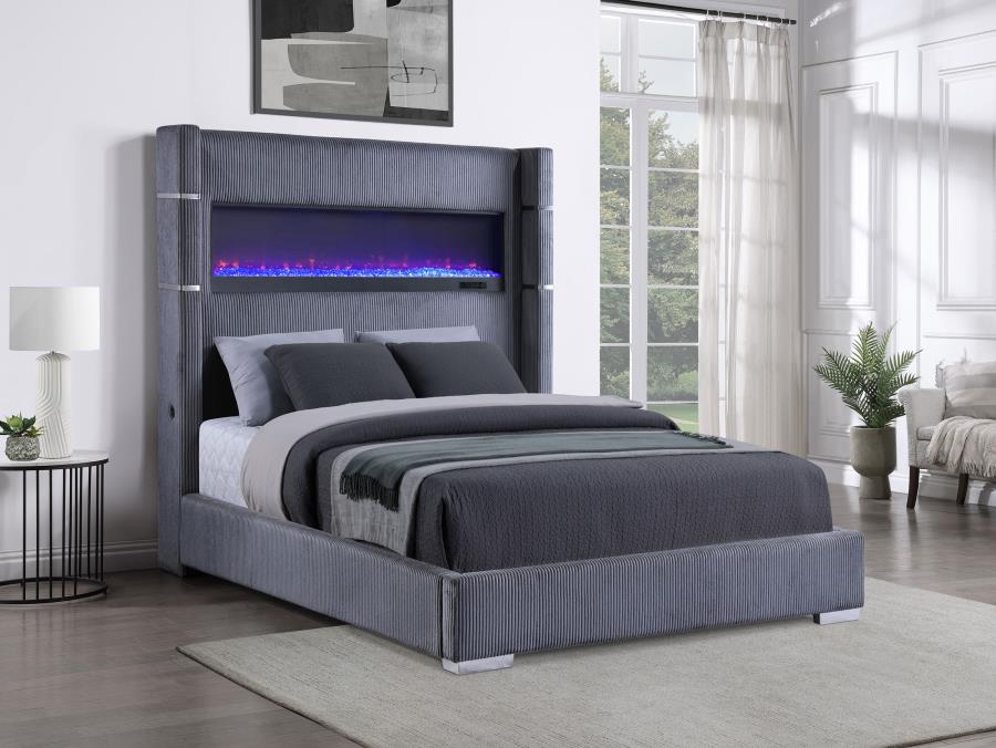 Tisdall Upholstered Queen Flame Visualizer Bed Grey-2