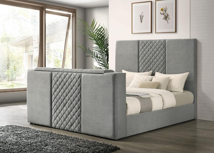 Tara 61-inch Upholstered Eastern King Panel TV Bed Grey-2