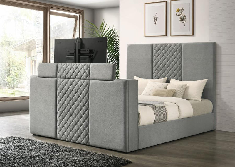 Tara 61-inch Upholstered Eastern King Panel TV Bed Grey-zoom-