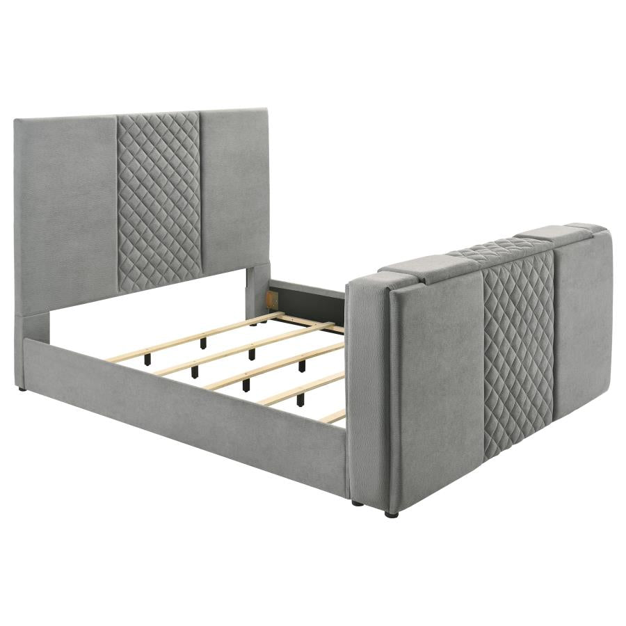 Tara 61-inch Upholstered Eastern King Panel TV Bed Grey-zoom-1