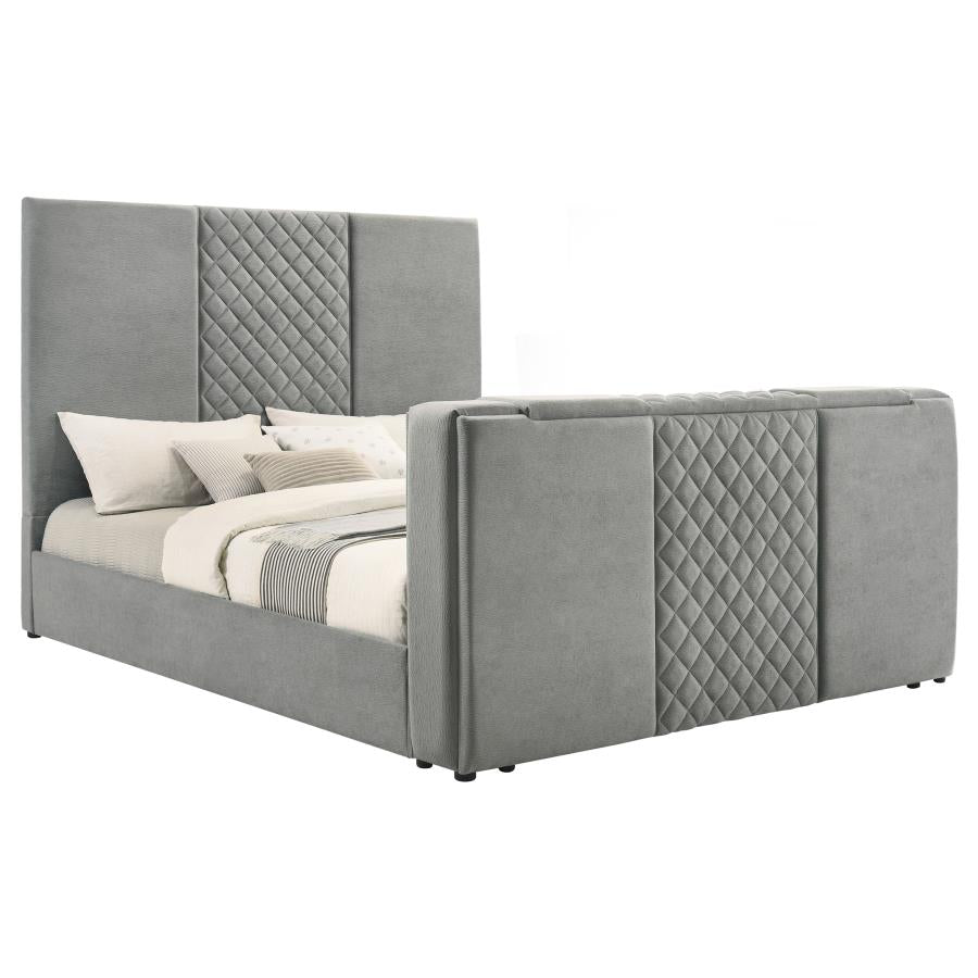 Tara 61-inch Upholstered Eastern King Panel TV Bed Grey-zoom-4