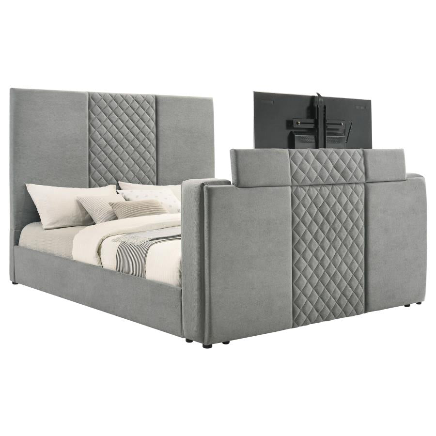 Tara 61-inch Upholstered Eastern King Panel TV Bed Grey-5