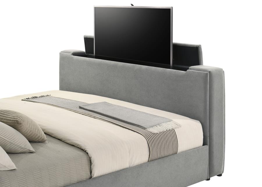 Tara 61-inch Upholstered Eastern King Panel TV Bed Grey-11