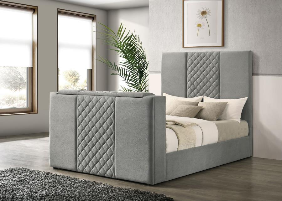 Tara 61-inch Upholstered Queen Panel TV Bed Grey-2