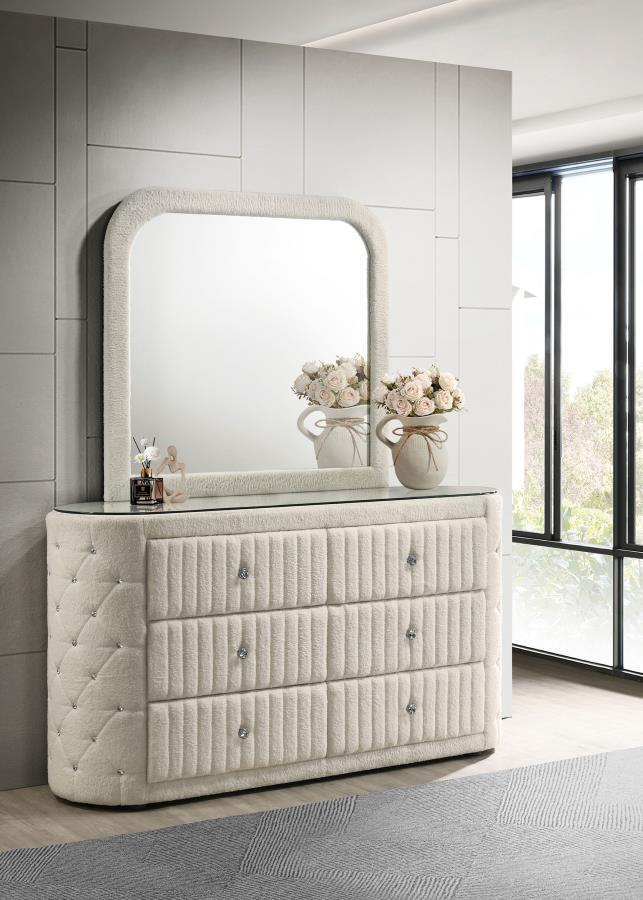 Sonya 6-drawer Upholstered Bedroom Dresser with Mirror Ivory-zoom-