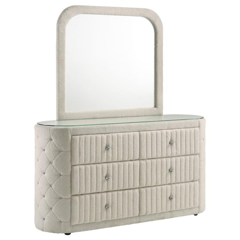 Sonya 6-drawer Upholstered Bedroom Dresser with Mirror Ivory-zoom-
