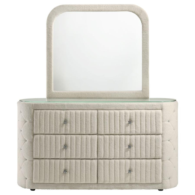 Sonya 6-drawer Upholstered Bedroom Dresser with Mirror Ivory-zoom-