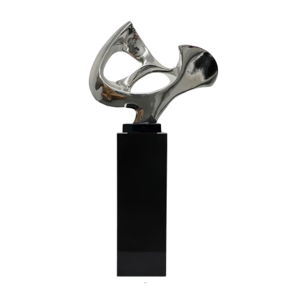 Chrome Abstract Mask Floor Sculpture With Black Stand, 54 Tall-zoom-1