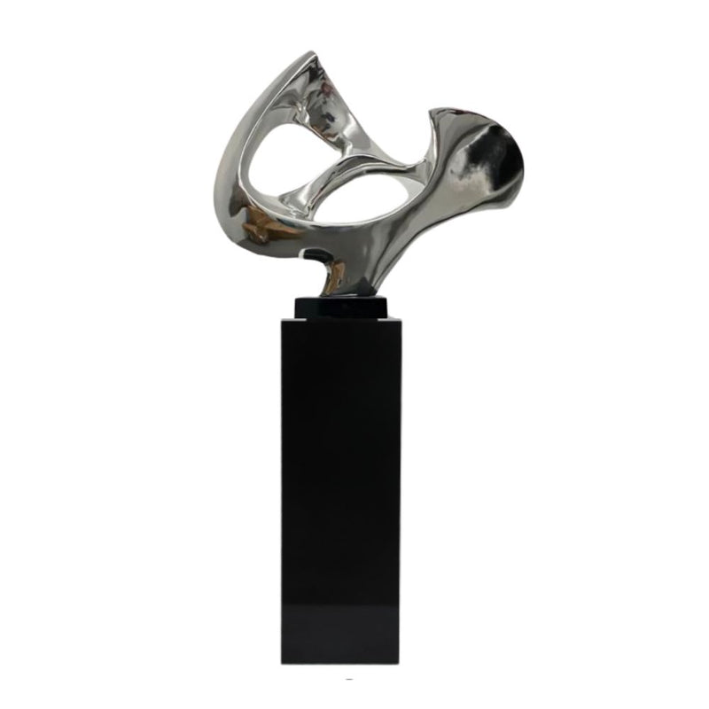 Chrome Abstract Mask Floor Sculpture With Black Stand, 54 Tall-zoom-