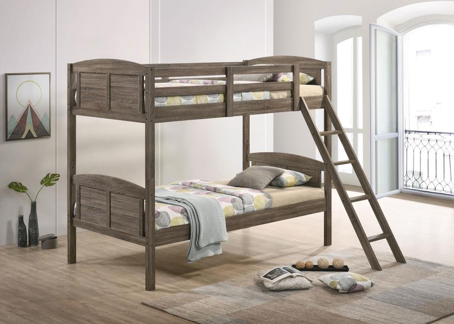 Flynn Wood Twin Over Twin Bunk Bed with Mattress Weathered Brown-2