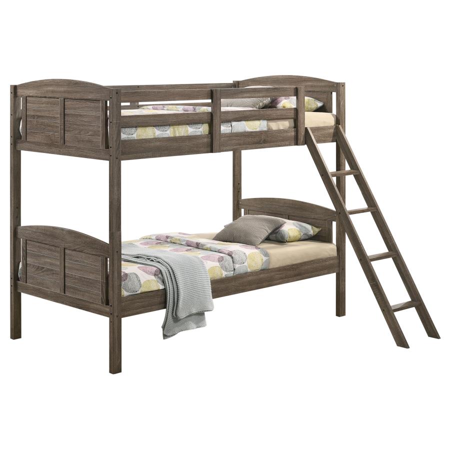 Flynn Wood Twin Over Twin Bunk Bed with Mattress Weathered Brown-zoom-1