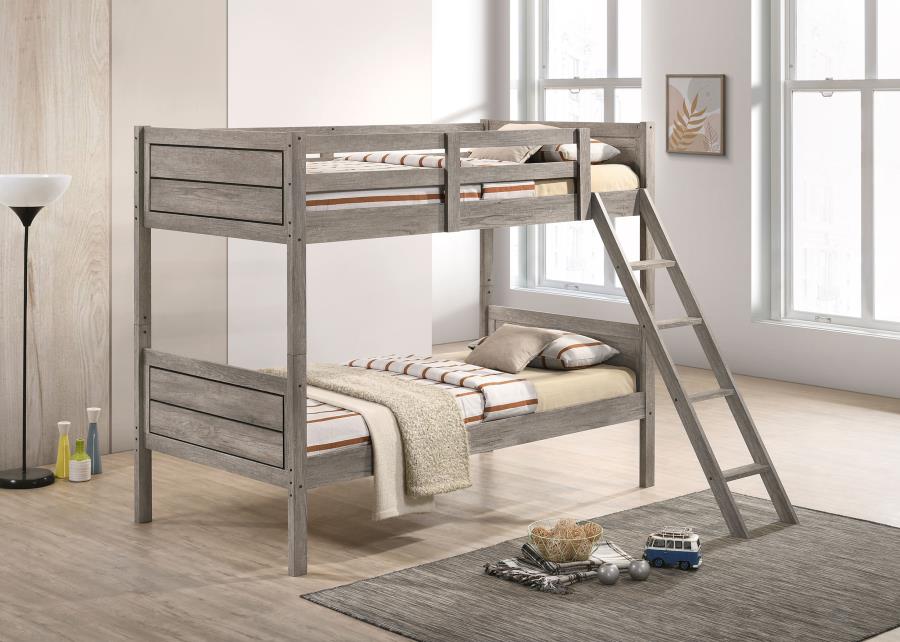Ryder Wood Twin Over Twin Bunk Bed with Mattress Weathered Taupe-2