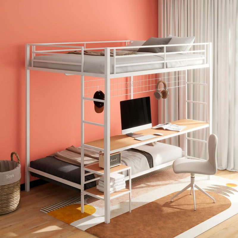 Bettoni Metal Full Over Twin Workstation Bunk Bed Matte White-zoom-