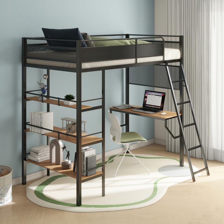 Campus 3-shelf Metal Twin Workstation Loft Bed Matte Black-zoom-2