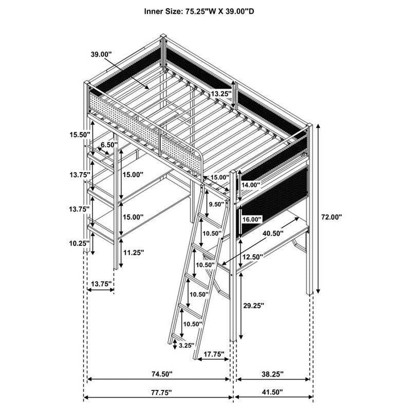 Campus 3-shelf Metal Twin Workstation Loft Bed Matte Black-zoom-