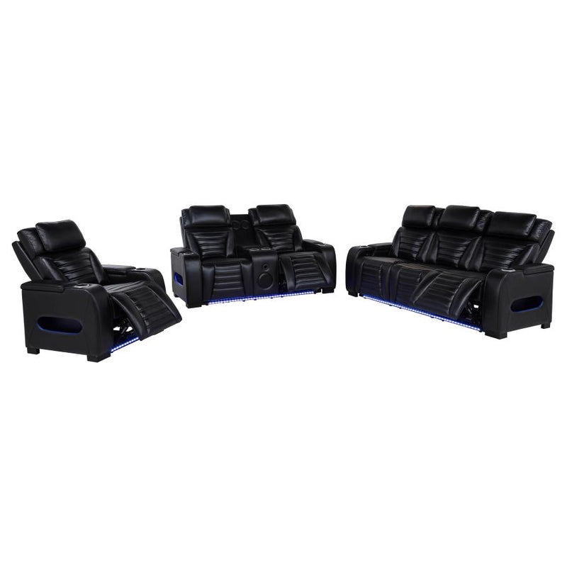 Zuma 3-piece Faux Leather Dual Power LED Sofa Set Black-zoom-