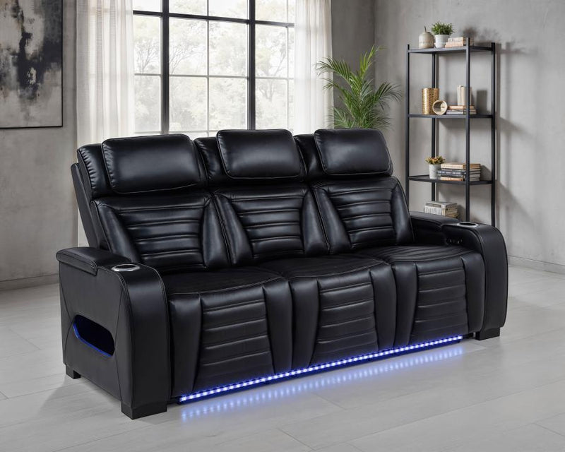 Zuma Faux Leather Dual Power Reclining LED Sofa Black-zoom-