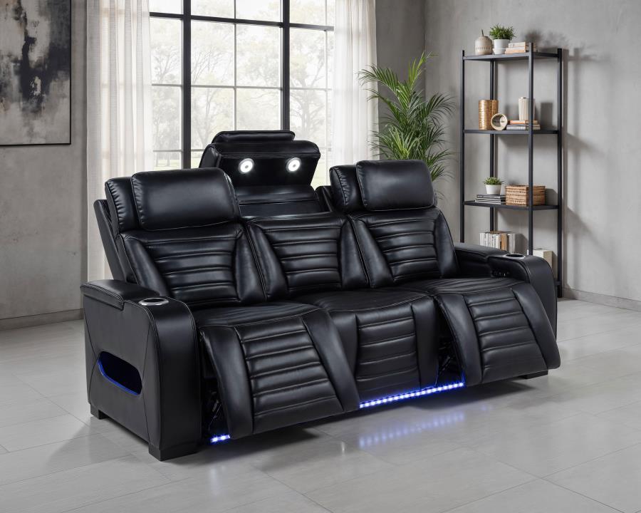 Zuma Faux Leather Dual Power Reclining LED Sofa Black-zoom-3