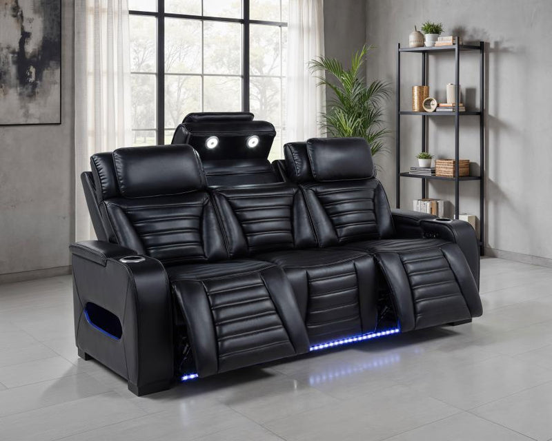 Zuma Faux Leather Dual Power Reclining LED Sofa Black-zoom-