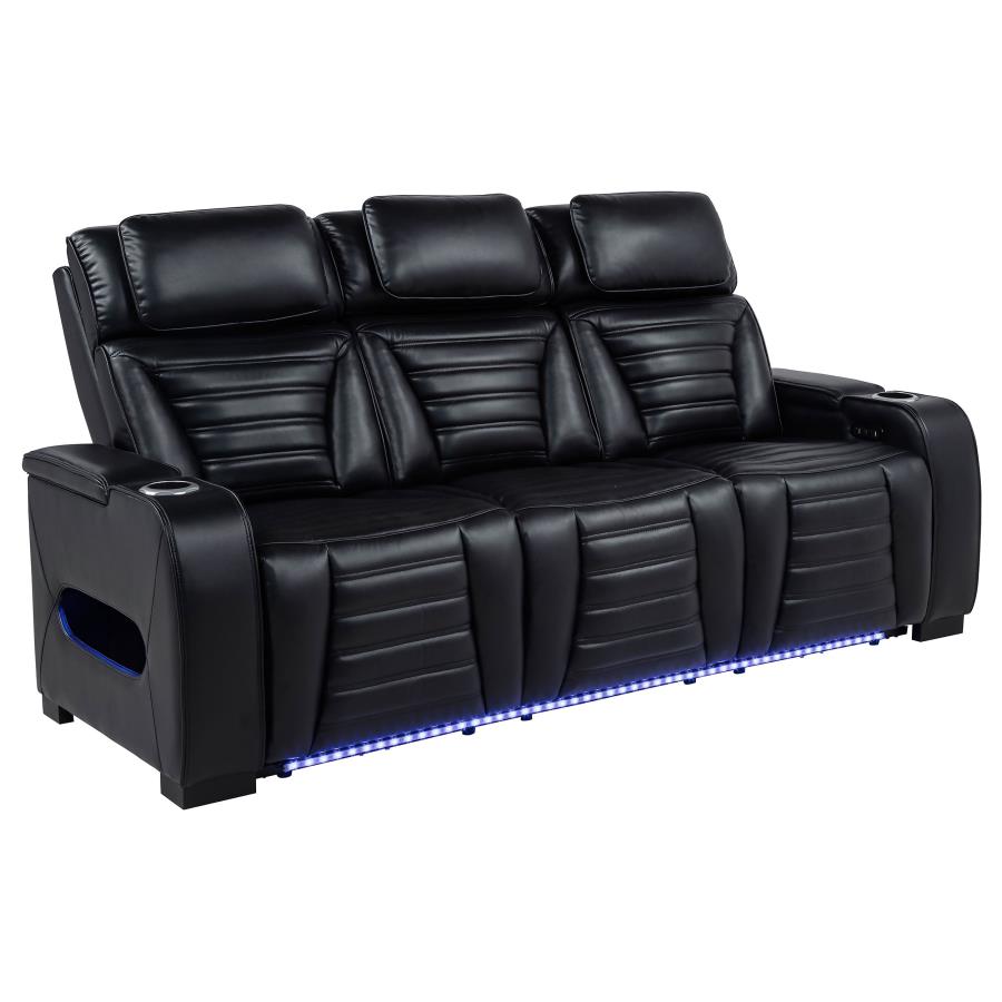 Zuma Faux Leather Dual Power Reclining LED Sofa Black-zoom-1