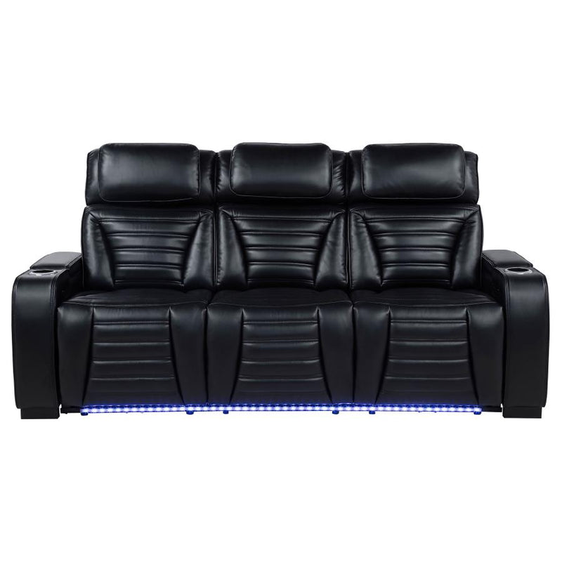 Zuma Faux Leather Dual Power Reclining LED Sofa Black-zoom-