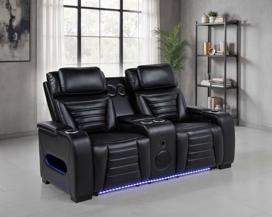 Zuma Faux Leather Dual Power Reclining LED Loveseat Black-2