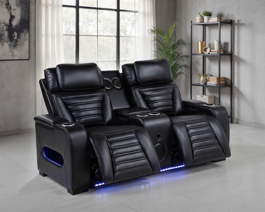 Zuma Faux Leather Dual Power Reclining LED Loveseat Black-3