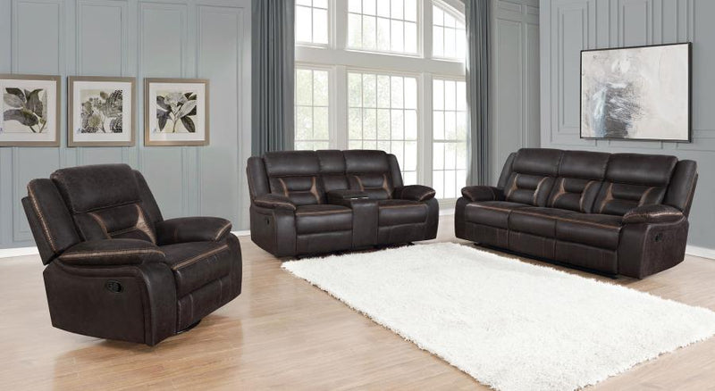Greer Upholstered Motion Reclining Sofa Brown-zoom-
