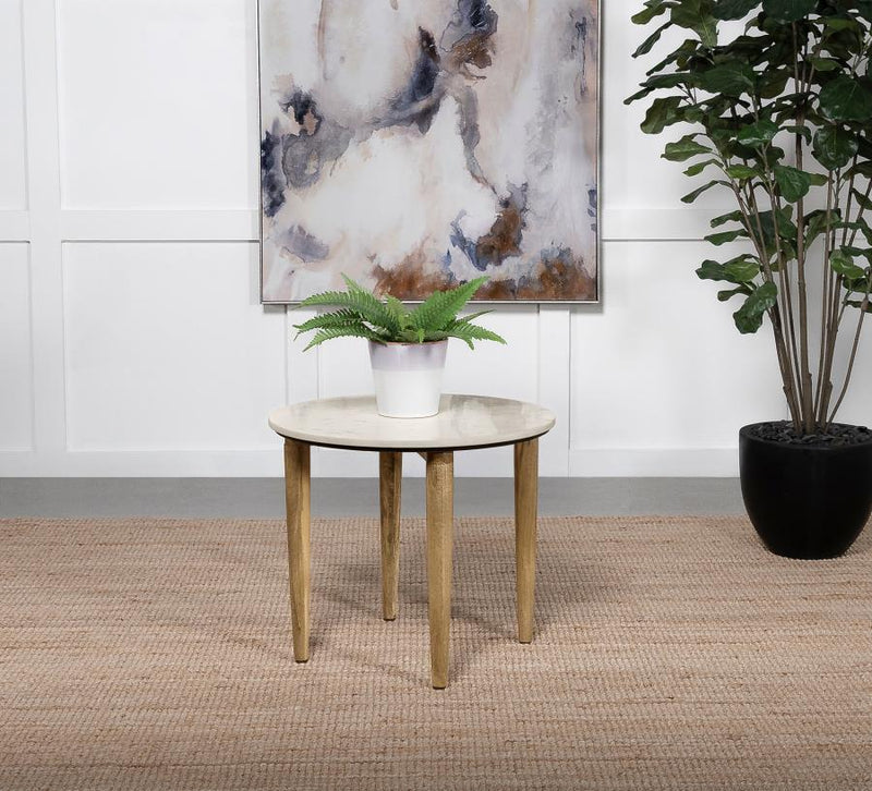 Aldis Round Marble Top Side End Table White and Natural-zoom-