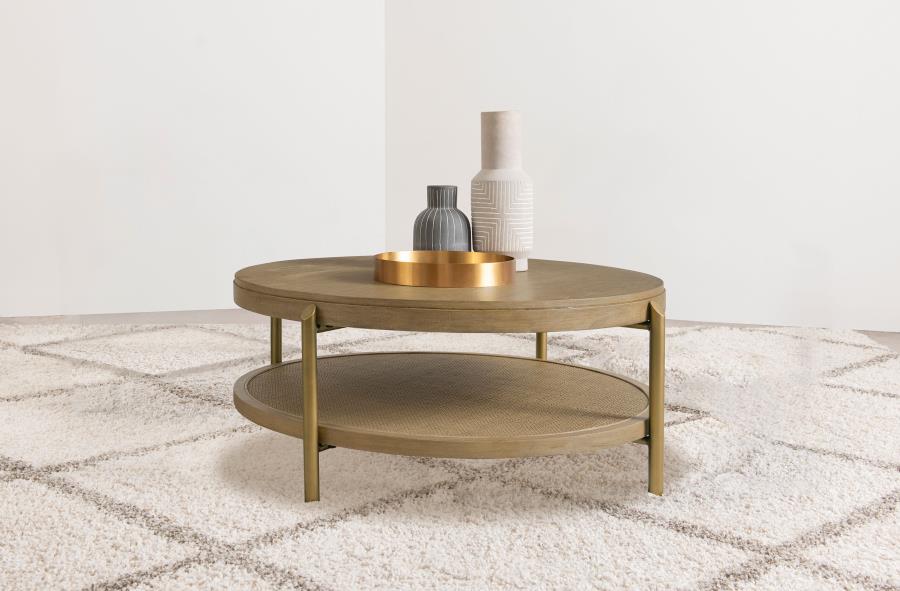 Arini Round Coffee Table With Storage Shelf Sand Wash-2